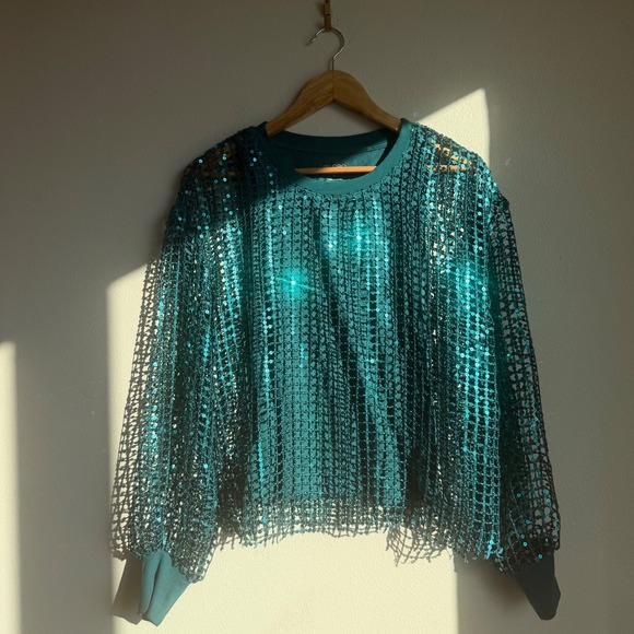 Anthropologie Pilcro Teal Sequin Lattice Long Sleeve Top - Picture 1 of 8